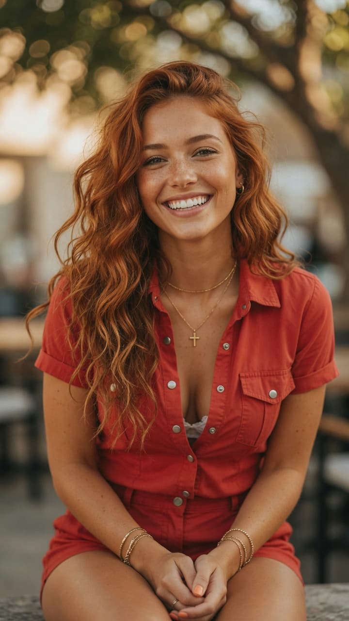 AI generated: A stunning young woman in her early 20s with long, voluminous, wavy strawberry-red hair cascading ov...