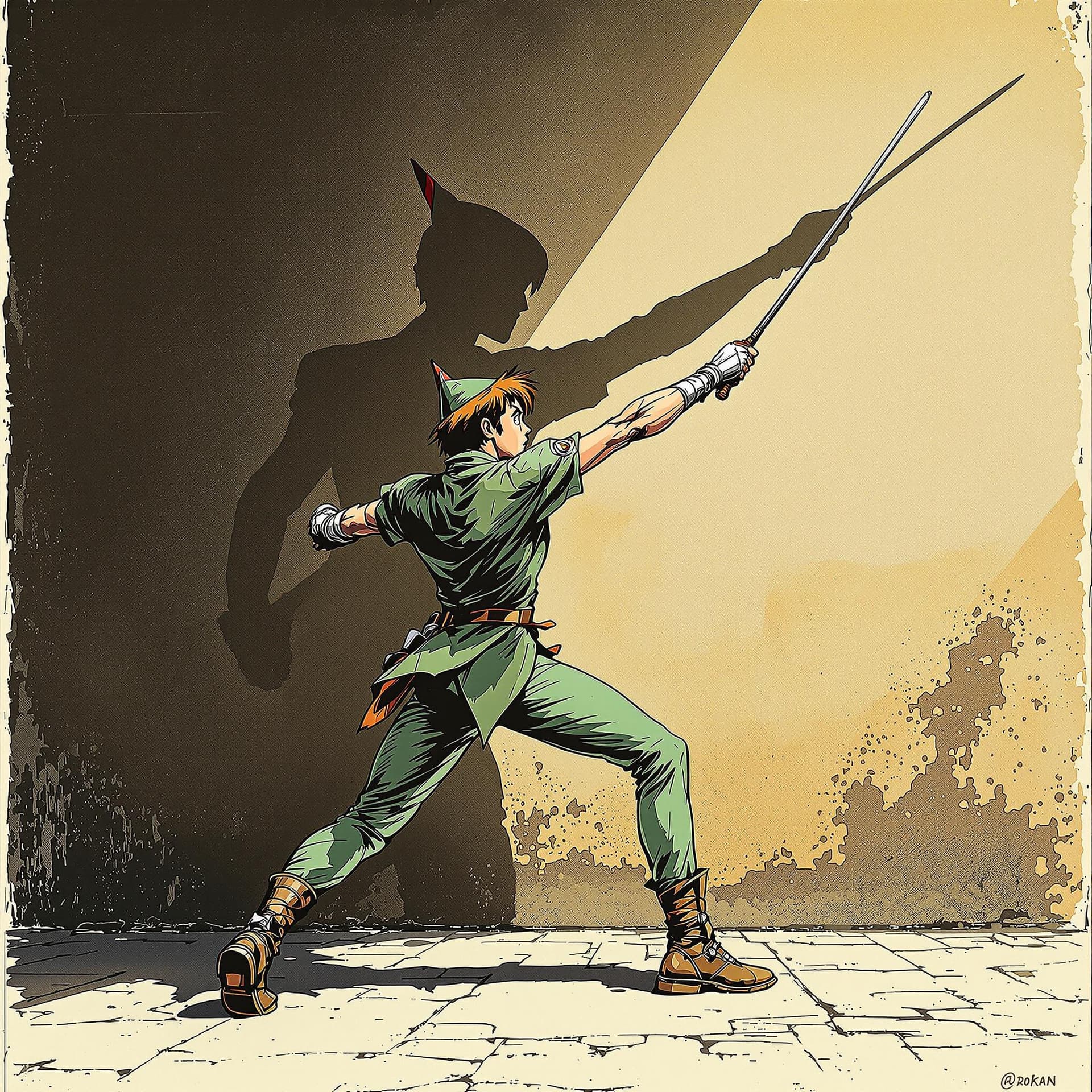 AI generated: Photorealistic comic book cover illustration, full body shot of peter pan fencing with his shadow ag...