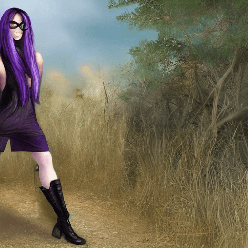 AI generated: Hyper realistic woman, blond semi hair long, rectangular black glasses, happy, wearing purple and bl...