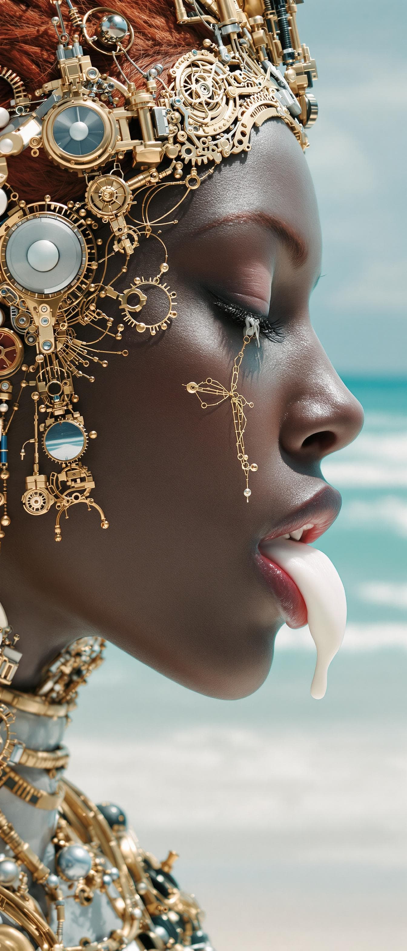 AI generated: High resolution photography  Side profile of a beautiful Redheaded, Brazilian woman with dark skin, ...