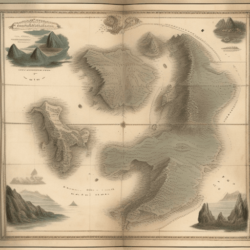 AI generated: An old map showing a large main land with three islands of different sizes east of the main land in ...