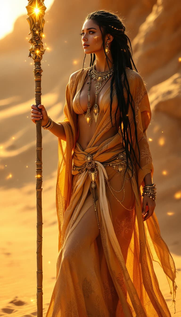 AI generated: An ultra-realistic, full-body view of a mesmerizing desert prophetess woman, radiating ancient wisdo...