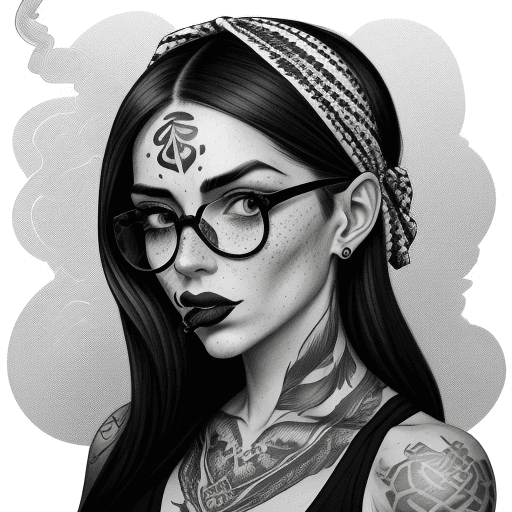 AI generated: detailed black and white drawing of an attractive woman with freckles, wearing large round glasses, ...
