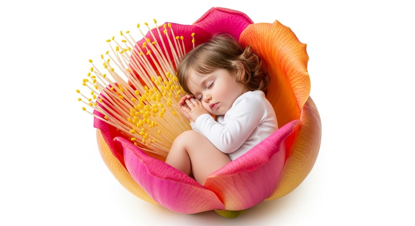AI generated: In the calyx of an exotic flower a very cute toddler girl lies and sleeps, white background
