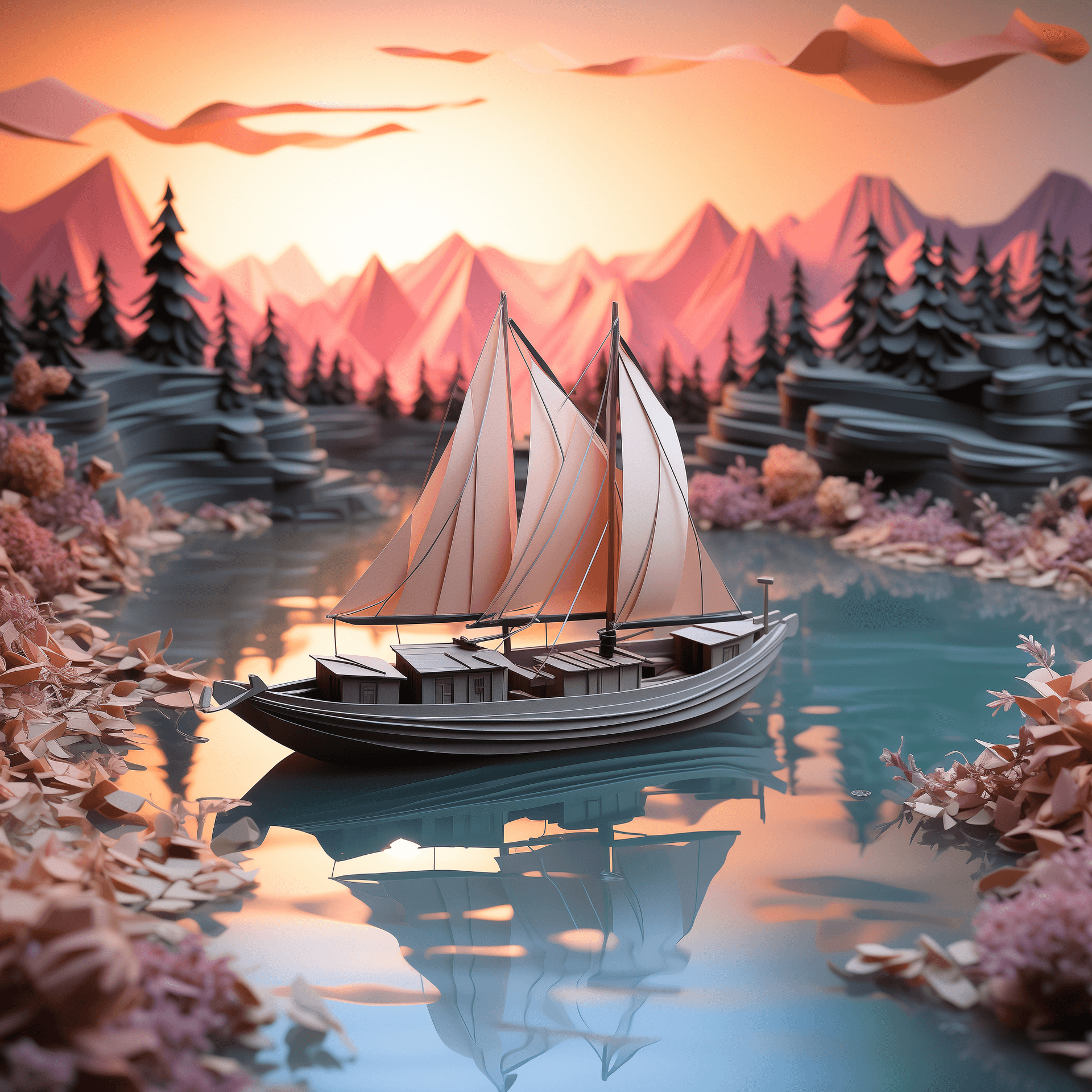 AI generated: Conjure an image of a serene mountain lake at twilight, the water so still it mirrors the pastel col...