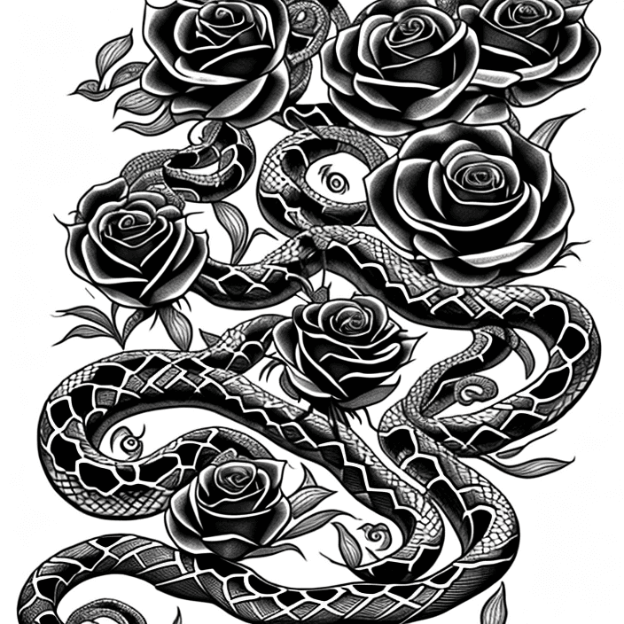 AI generated: snakes with flowers, tattoo sketch, smooth transitions, black patterns, more details, more flowers, ...