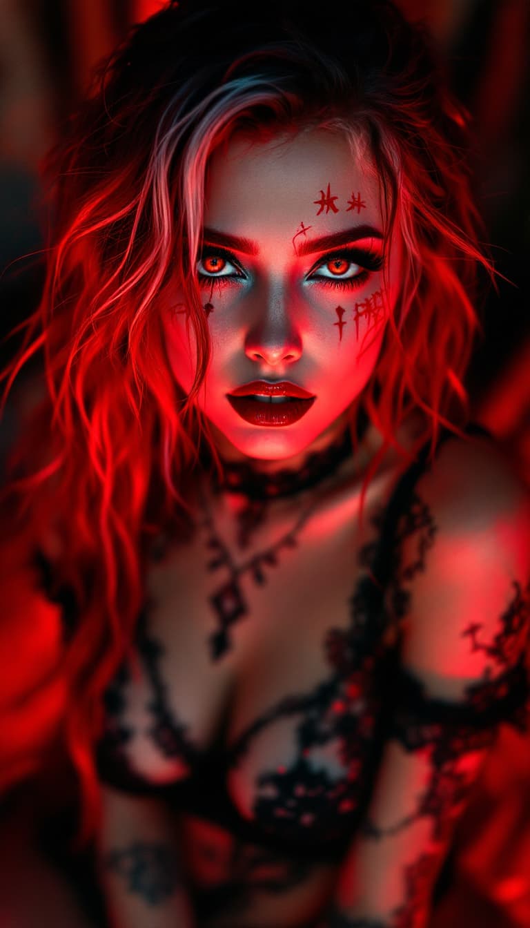 AI generated: A realistic, thigh to face photo of an incredibly beautiful German female with neon red and white ha...