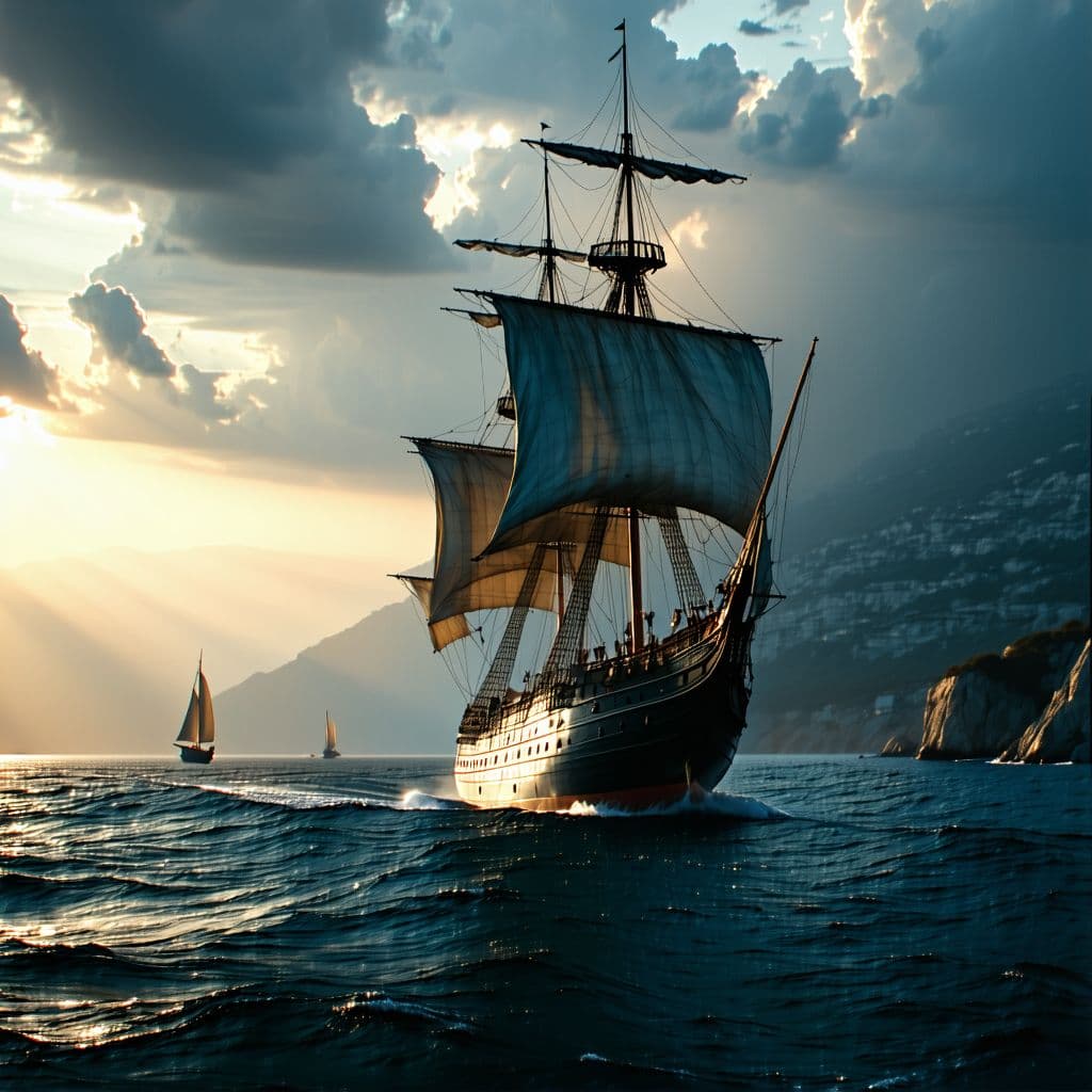 AI generated: Photo of a ultra realistic sailing ship, dramatic light, pale sunrise, cinematic lighting, battered,...