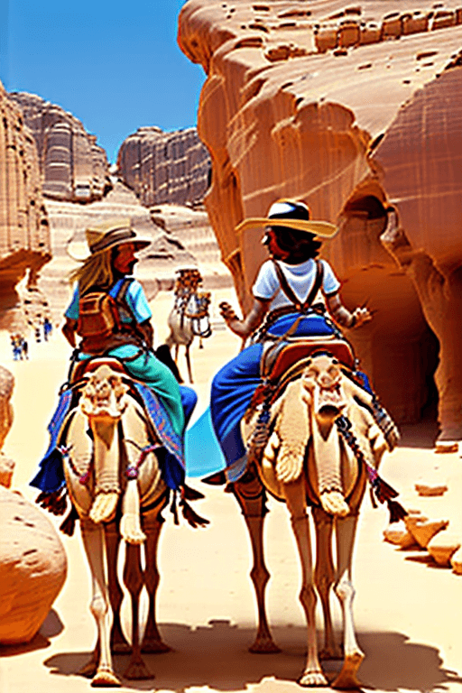 AI generated: Two ladies from provided picture riding camels in Petra, Jordan
Depicted as cartoon characters, frie...