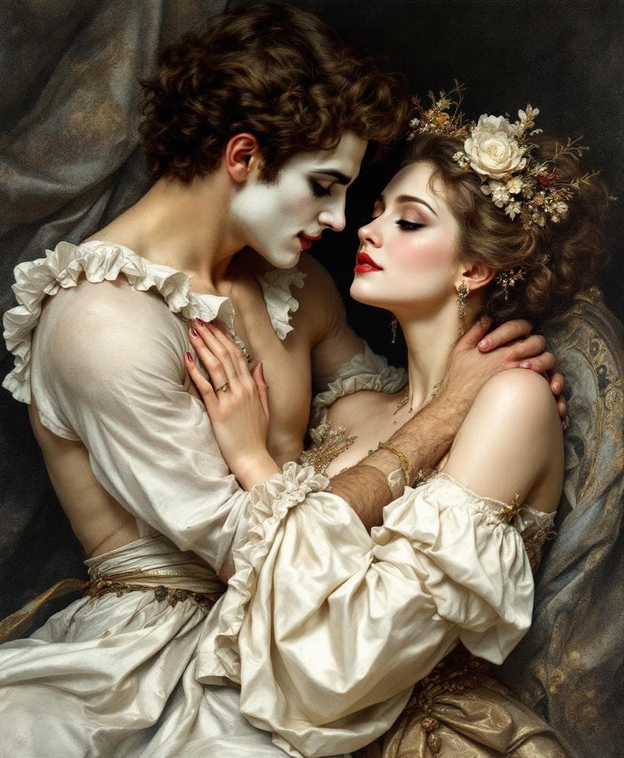 AI generated: Stolen Embrace
A male harlequin is looking at a female opera singer with open eyes, they are lookin...
