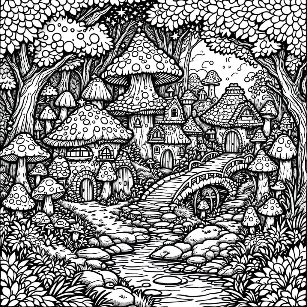AI generated: Coloring book page,	A fantasy village with mushroom houses and tiny bridges