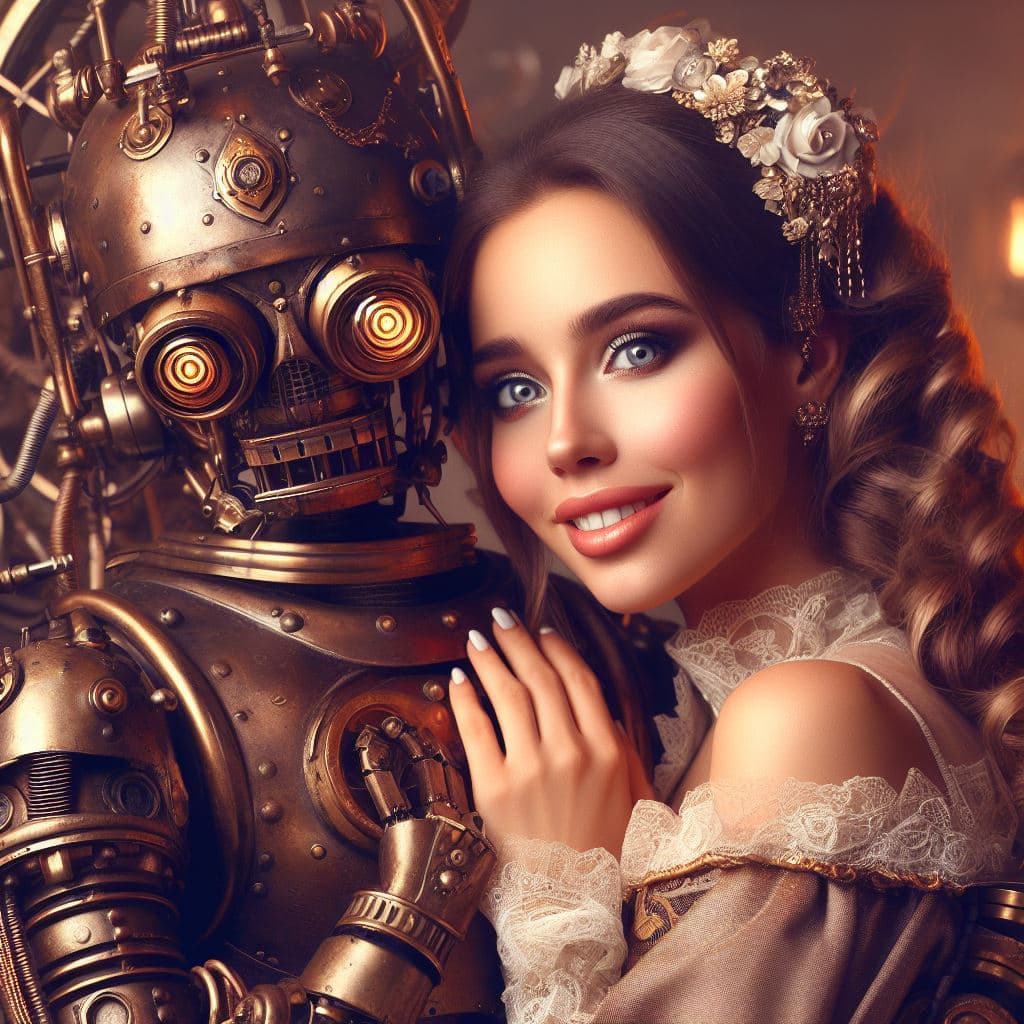 AI generated: beautiful steampunk princess hug a steampunk Robot,all in very detailed steampunk style,photorealist...
