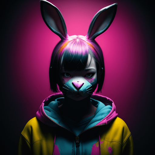 AI generated: a girl wearing a colourful rabbit mask, in the style of moody neo-noir, matte photo, alastair magnal...