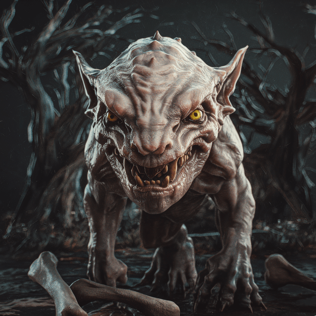AI generated: Scary creature, flat snout, yellow eyes, horror, dark and haunting, hyperrealism, ultra-detailed, 8k...