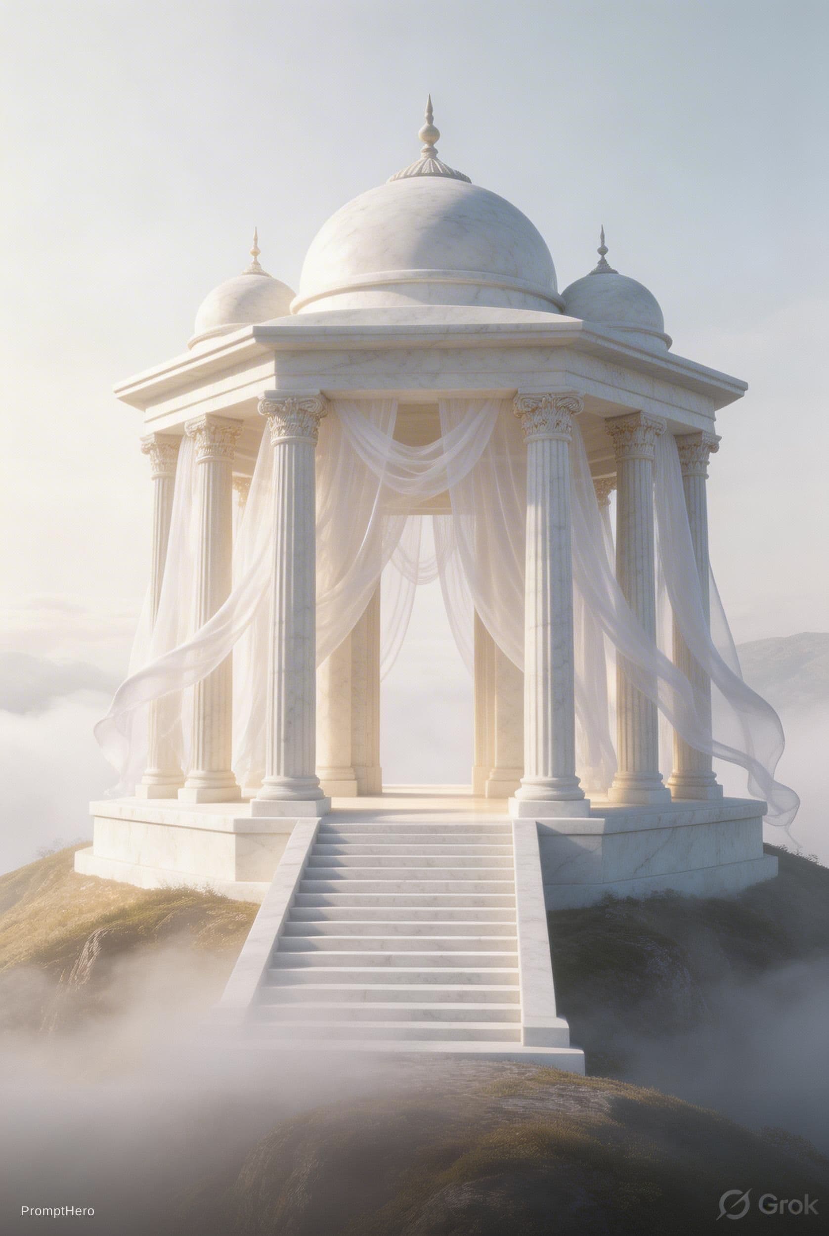 AI generated: the House of the White Veil, compact elevated sacred white marble pavilion on misty hill, flawless l...