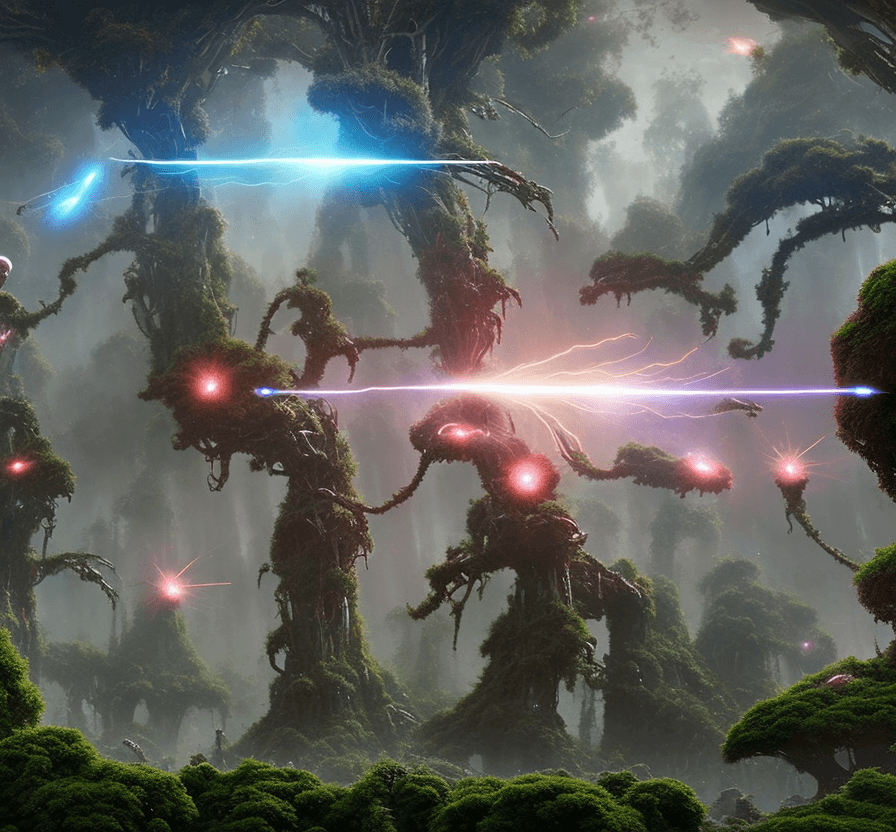 AI generated:  numerous iron and white humanoid female robots are fighting aliens in a rain forest planet planet ....