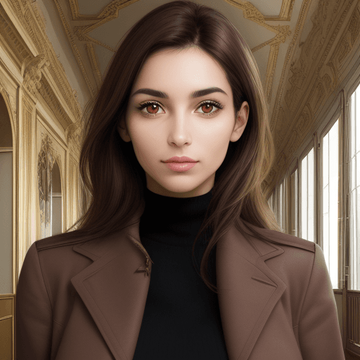 AI generated: woman with brown eyes, in a building in Paris