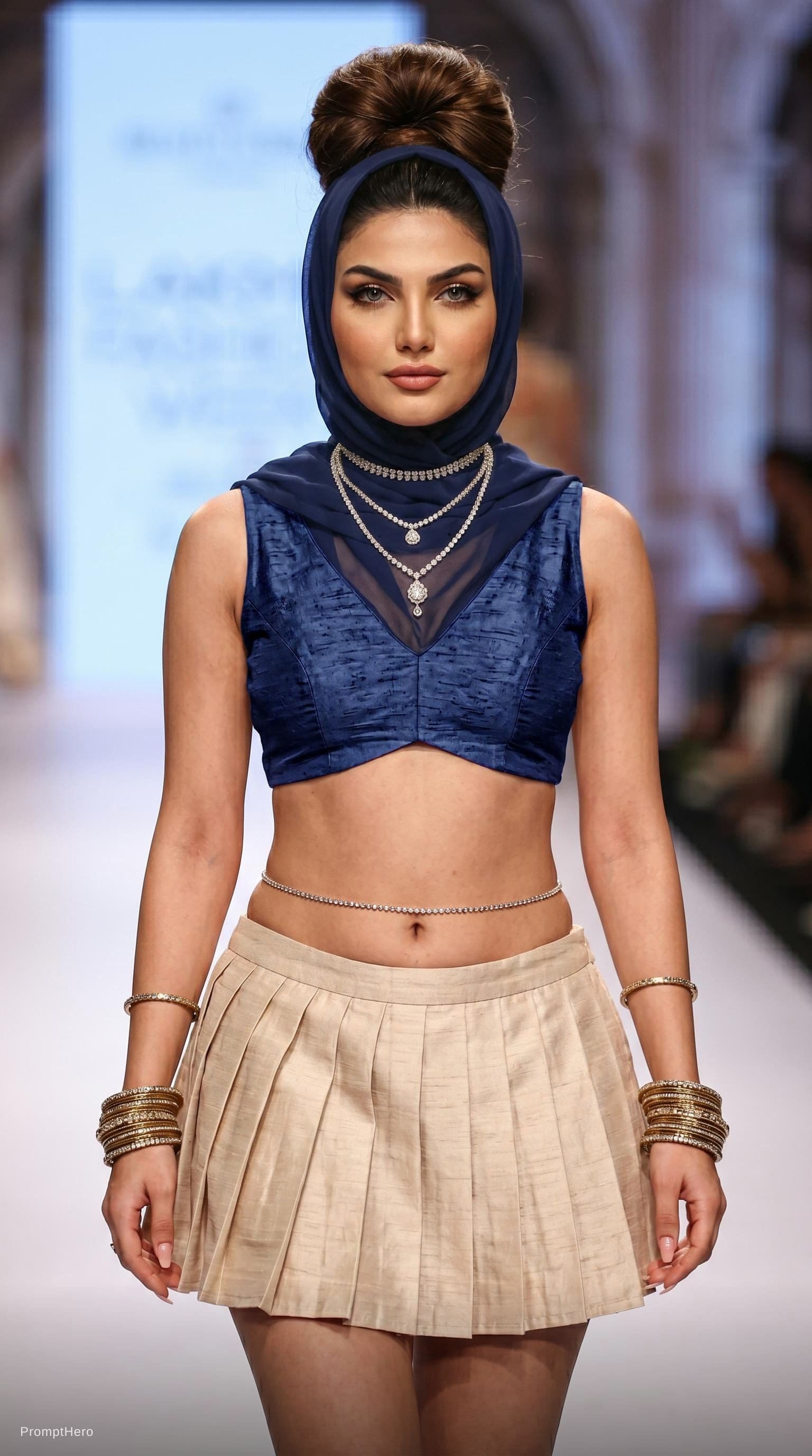 AI generated: she has small diamond chocker on neck and keep original jewelry on neck with earrings. low waist sho...