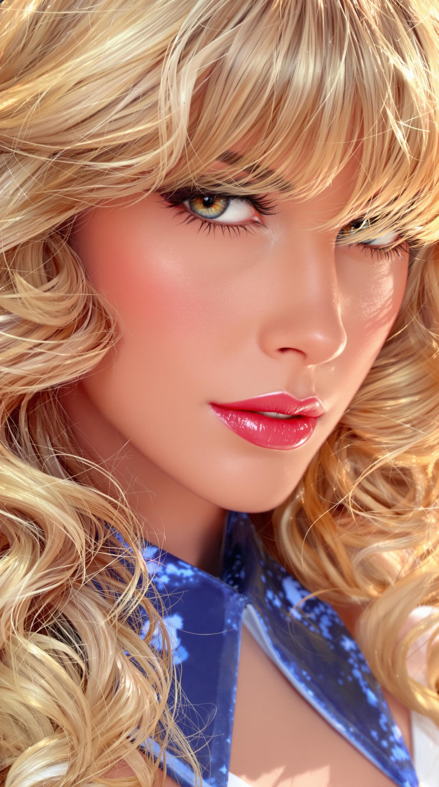 AI generated: a close up of Farrah Fawcett in a white dress with a blue collar, portrait knights of zodiac girl, r...