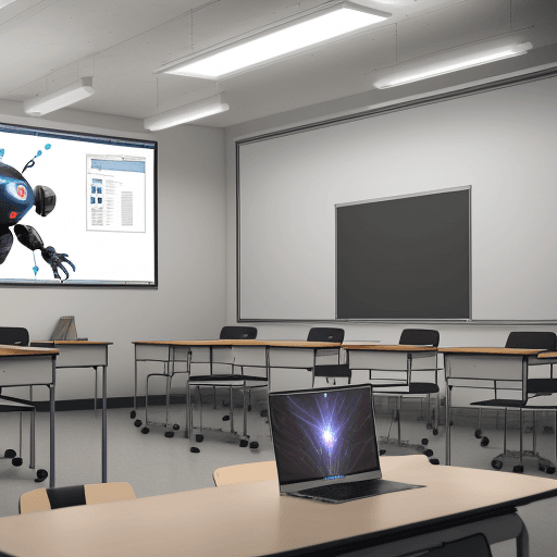 AI generated: Imagine a modern classroom, with neatly arranged desks and a whiteboard in the background. In the ce...