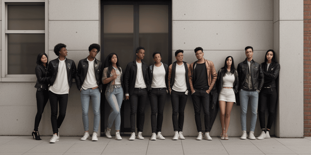 AI generated: group photo of diverse stylish young adults leaning up against the wall of a building on a city stre...