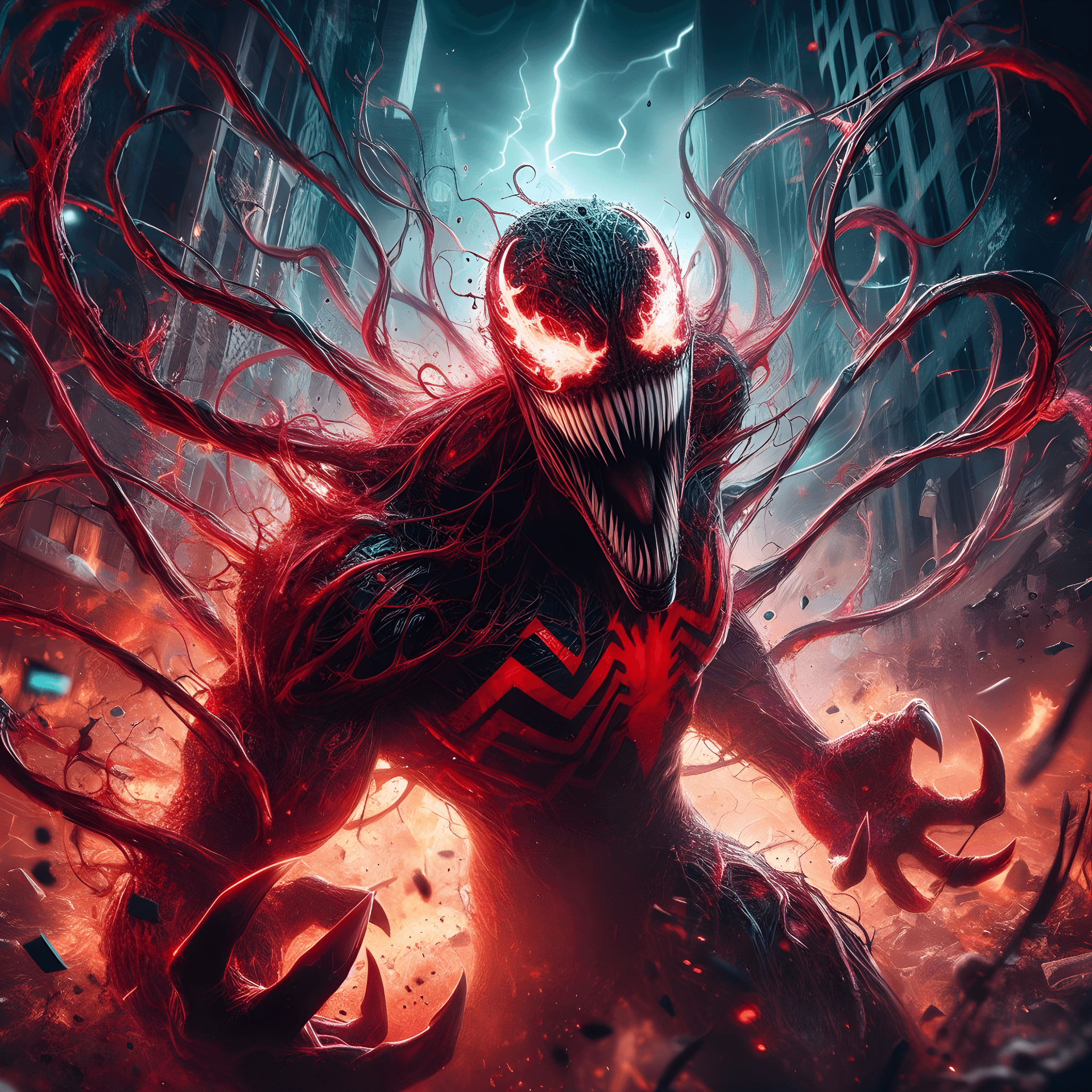 AI generated: A dynamic and explosive photograph capturing the raw power and chaos of Carnage, the symbiotic super...