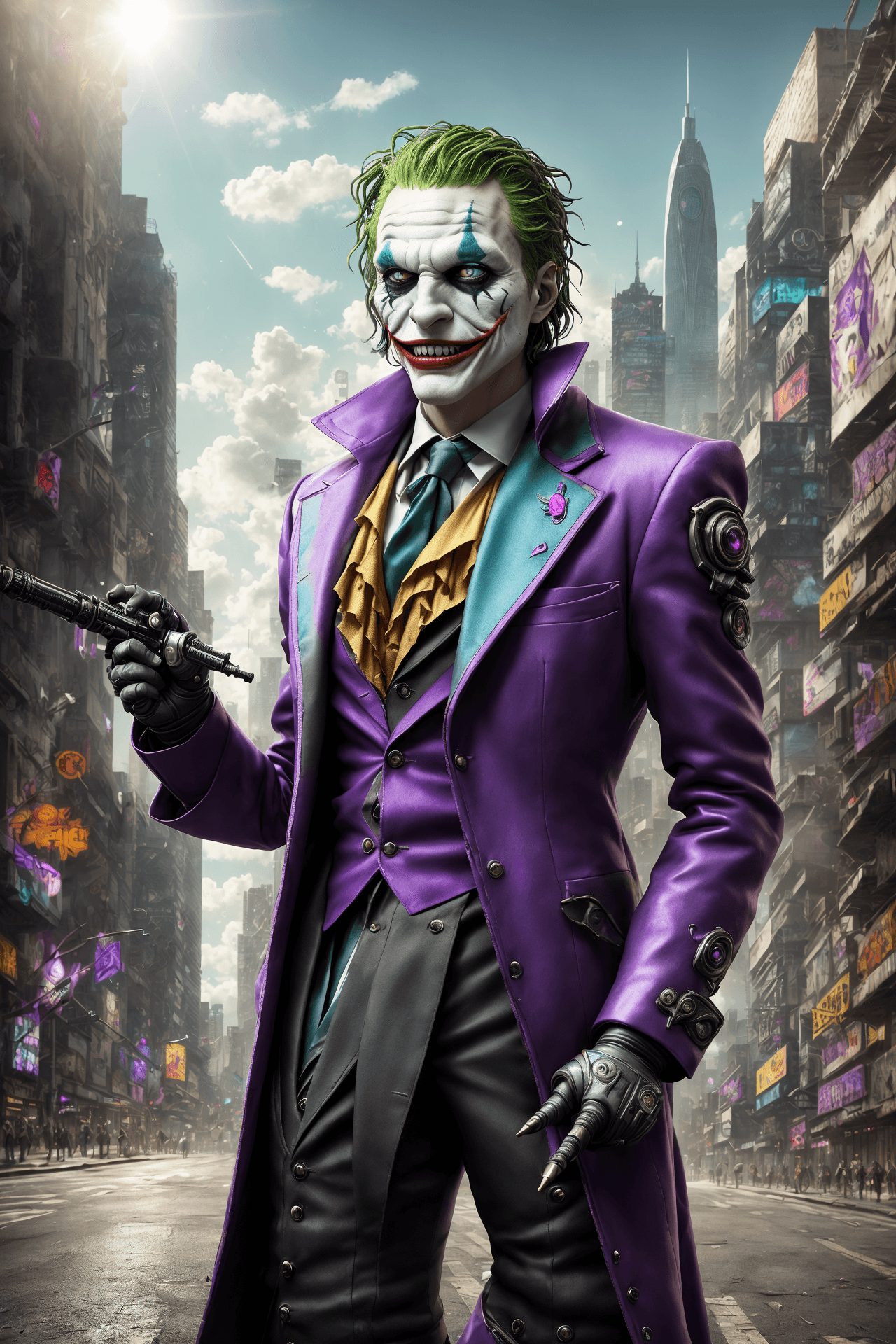 AI generated: an epic art of the Joker amidst a war-torn Gotham City, exuding flamboyant madness with his wide gri...