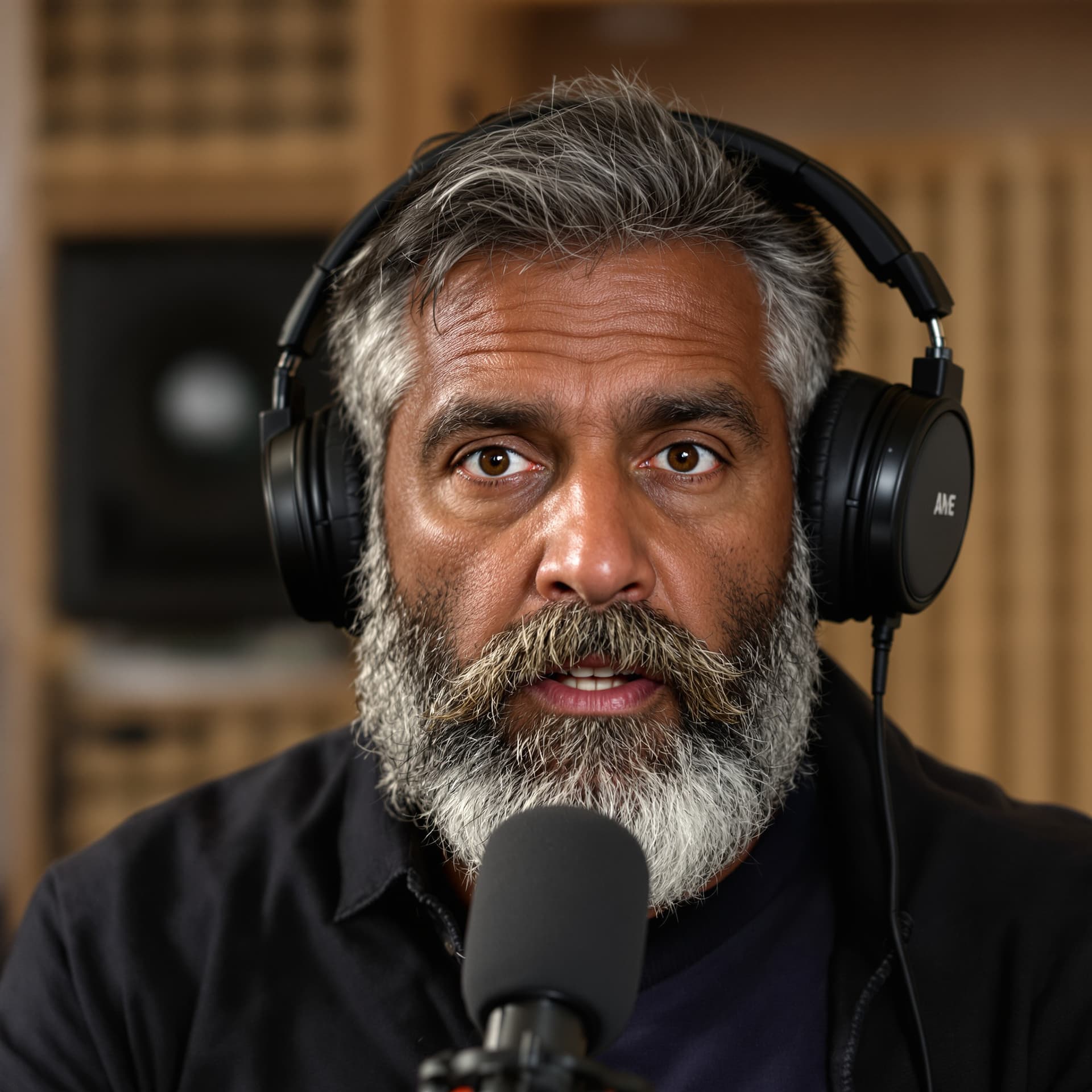 AI generated: A male reporter. age: late 40. speaking into a handheld microphone brown skin, beard, live streaming...