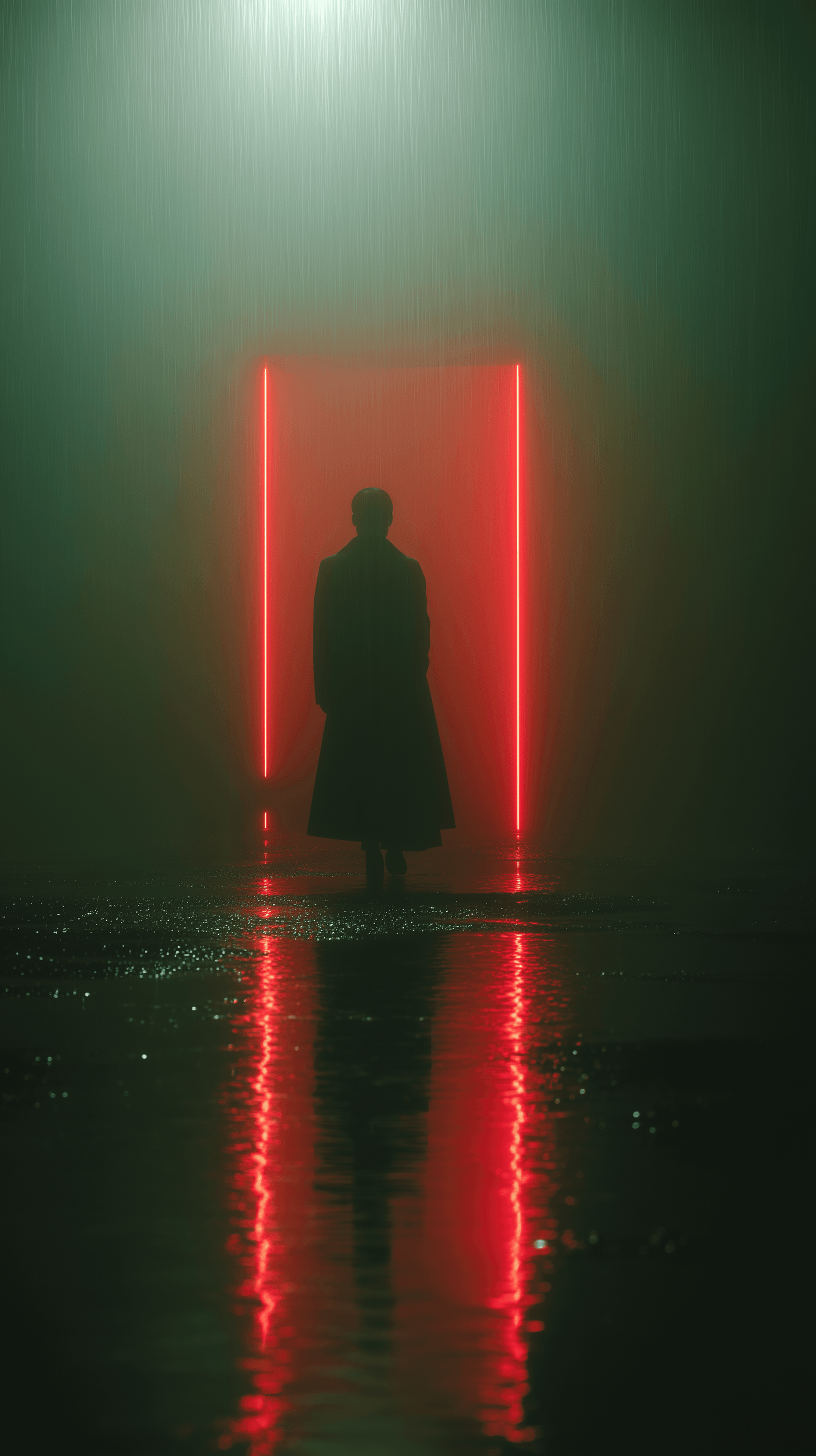 AI generated: cinematic, solitary figure silhouette, trench coat, rear view, heavy rain droplets creating reflecti...
