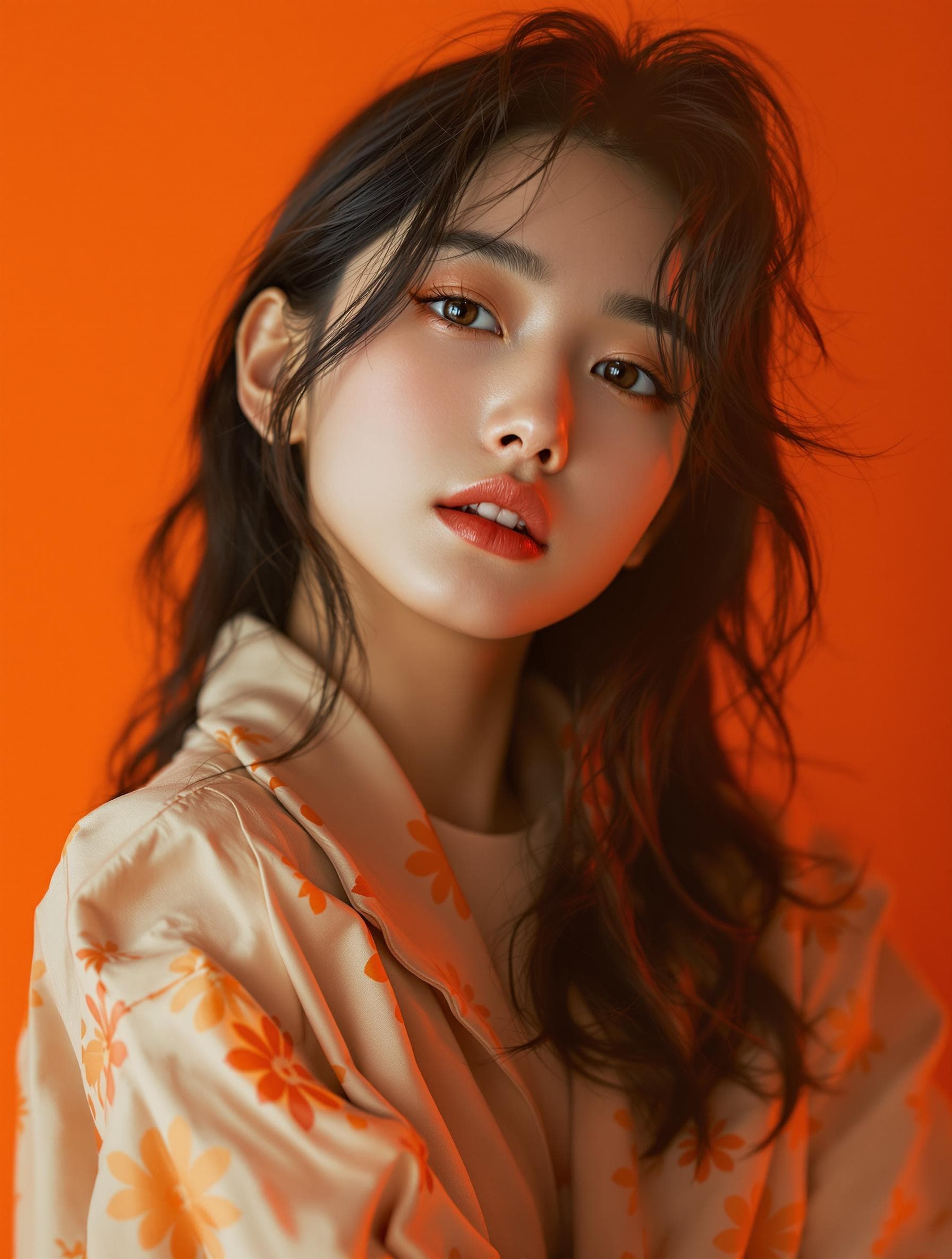 AI generated: photography, orange hue, korean woman model, solid orange backdrop, using a camera setup that mimics...
