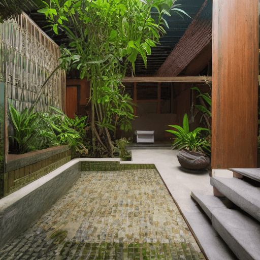 AI generated: High resolution photography of modern enclosed lush balinese garden courtyard with outdoor shower sm...