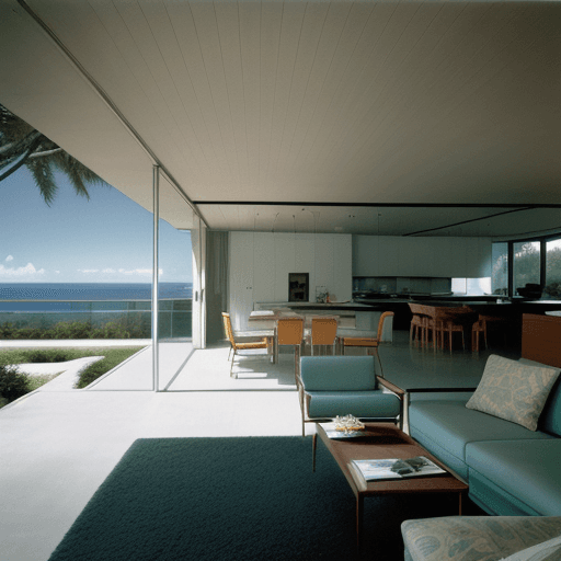 AI generated: Hyper realistic eye level exterior photo of a mid century modern style house overlooking the ocean, ...