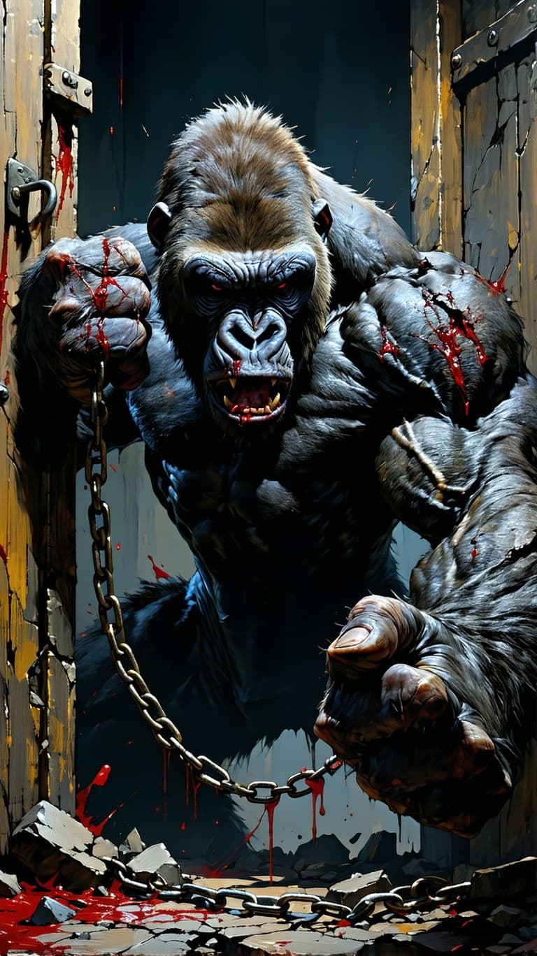 AI generated: A brutal humanoid gorilla with an extremely muscular physique, dark fur covering its body, and blood...