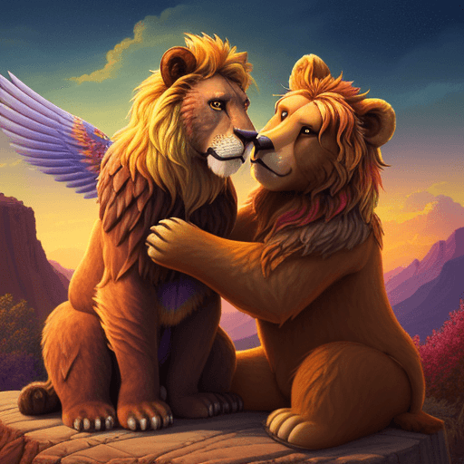 AI generated: 
Illustration in the style of a Pixar movie: A winged lion with beautiful multicolored feathers tend...
