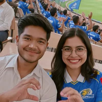 AI generated video: Ultra-realistic IPL live broadcast crowd-cam animation, same boy and girl from uploaded image, exact...