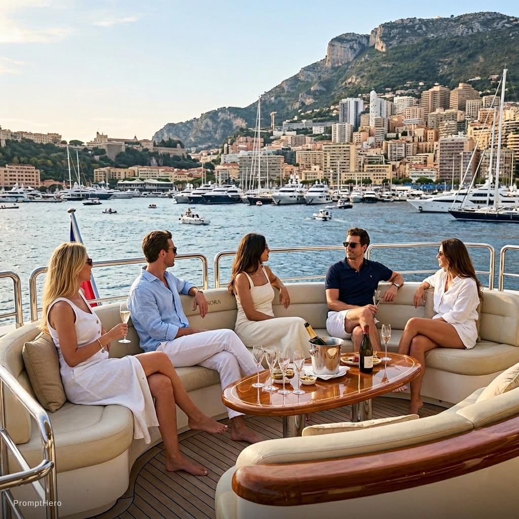AI generated: Daytime scene on a luxury yacht cruising along a glamorous Mediterranean coastline, inspired by Mona...