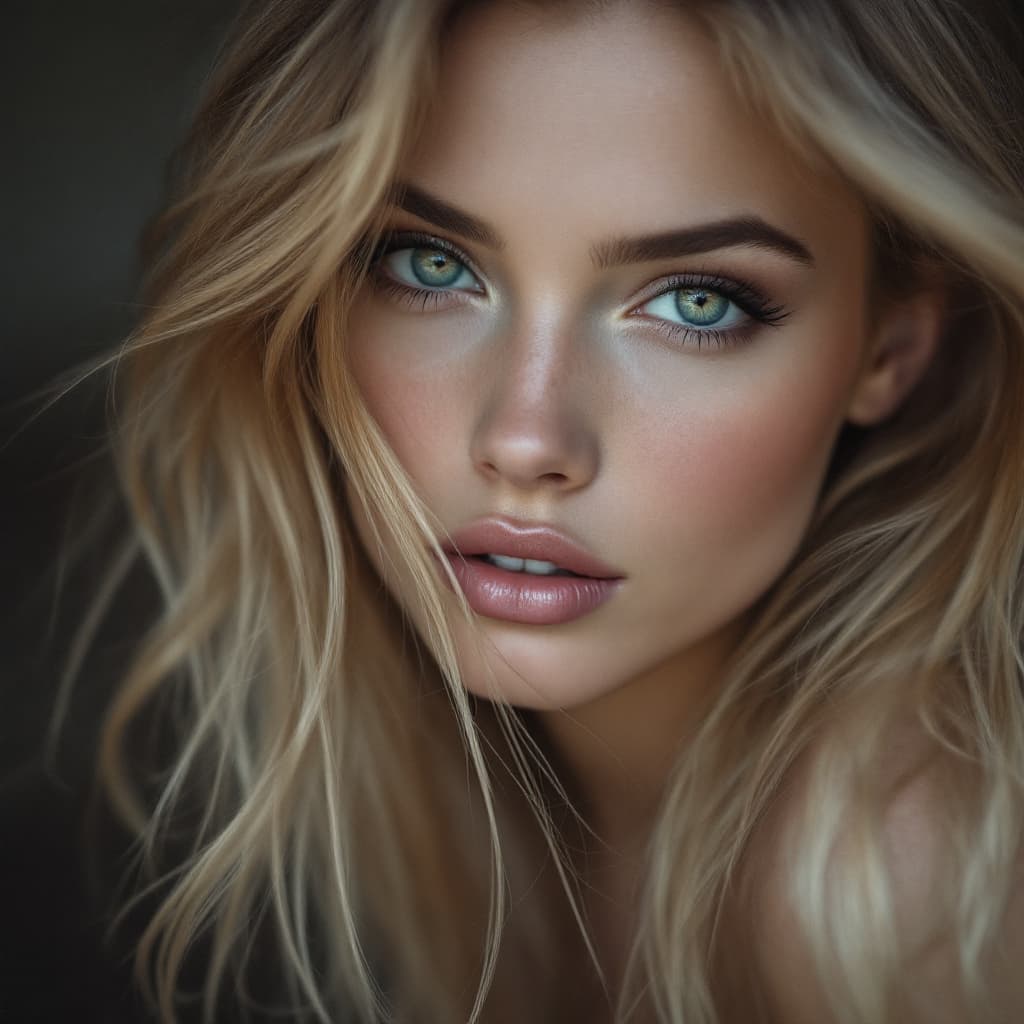 AI generated: photo featuring a girl model, blondy color hair, 300mm f/5. 8, light silver and white, optical, soft...