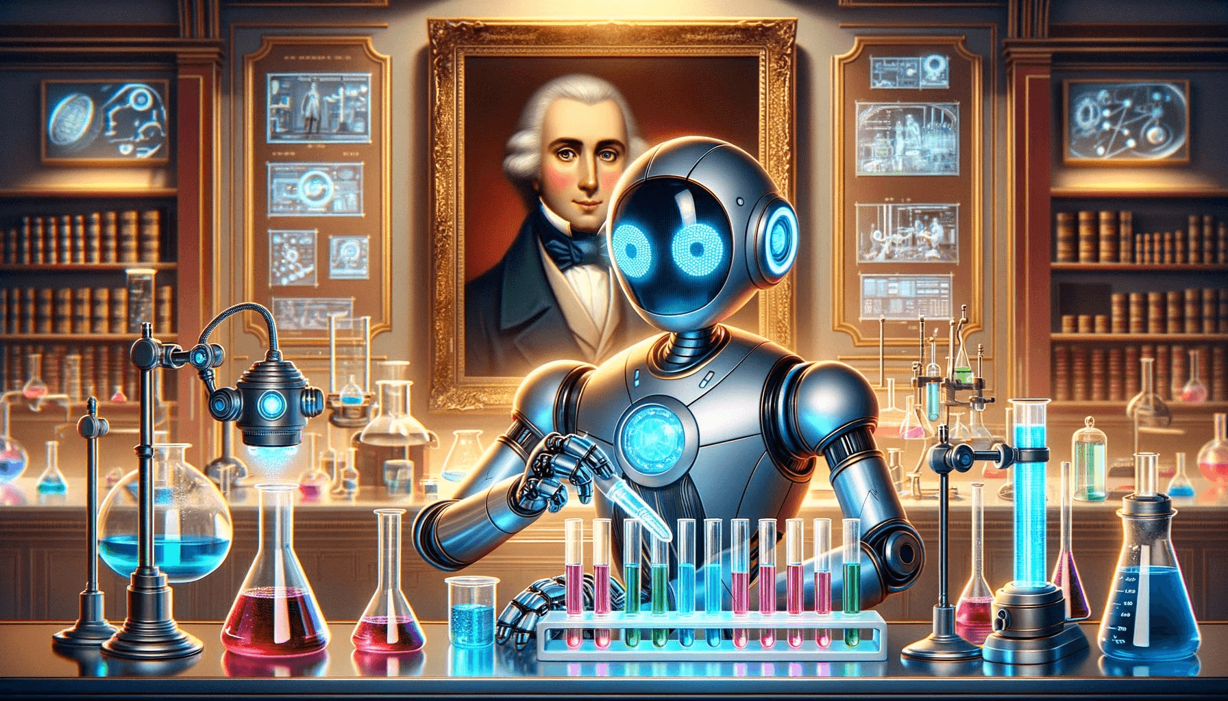 AI generated: Paint a 16:9 cartoon of a robot working with test tubes in a lab and a portrait of Immanuel Kant beh...