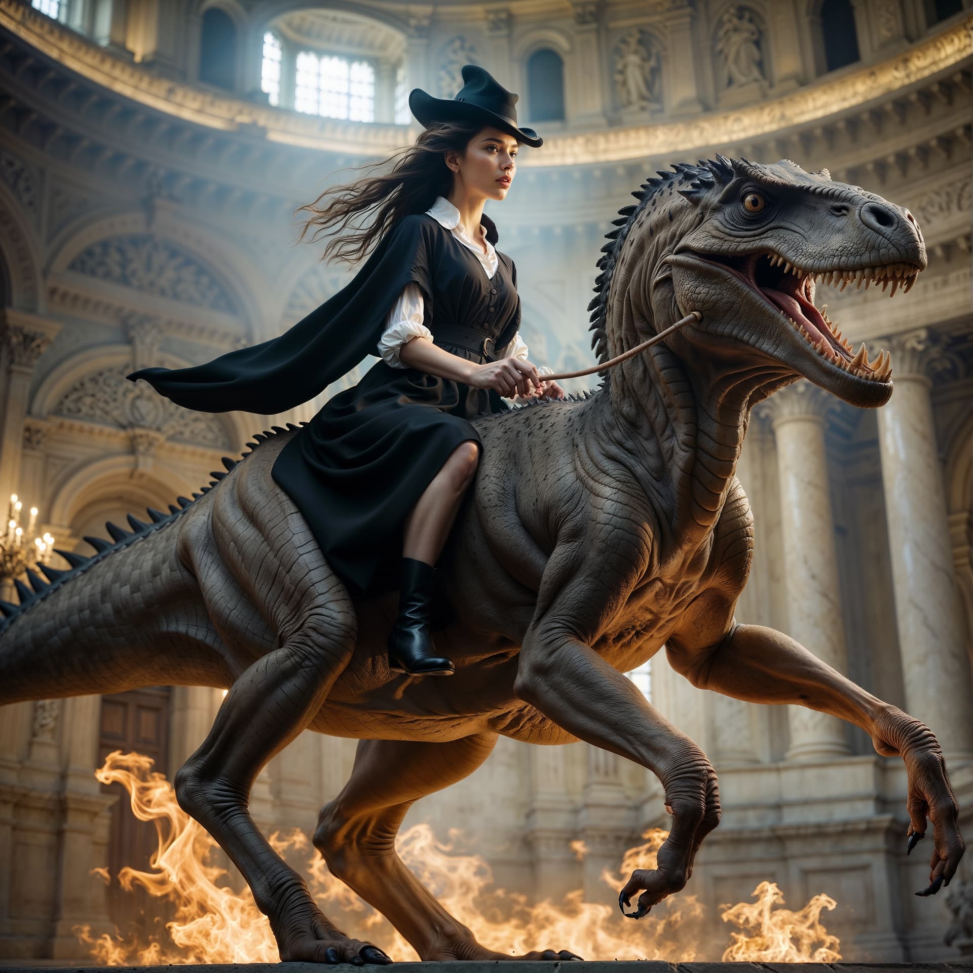 AI generated: a stunning ((full body)) full wide view of a beautiful witch riding on a velociraptor, by Gian Loren...