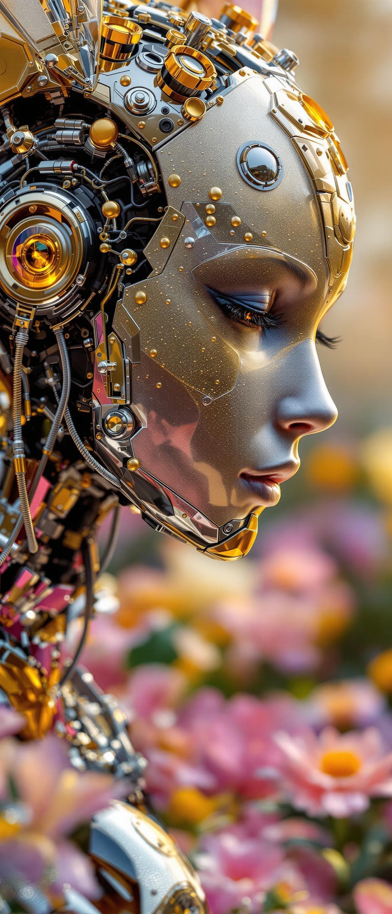 AI generated: complex 3d render ultra detailed of a beautiful metal Honeybee android face and body, seen standing ...