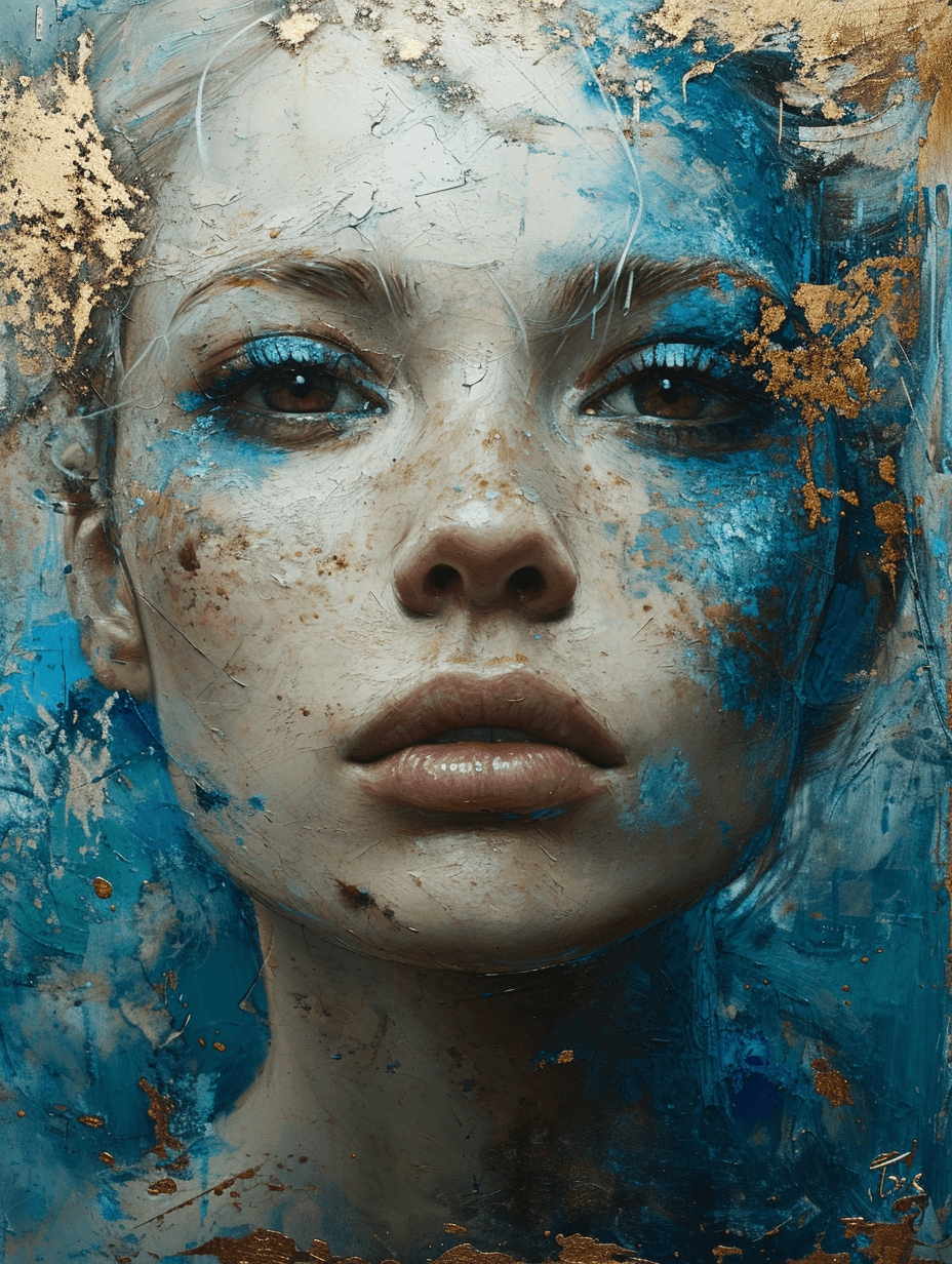 AI generated: blond woman head, dark brown eyes, front view portrait melting into the patinated background, brilli...