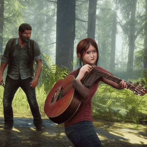 AI generated: Photo of a ultra realistic hbo the last of us ellie singing in the voice brazil with joel dancing ga...