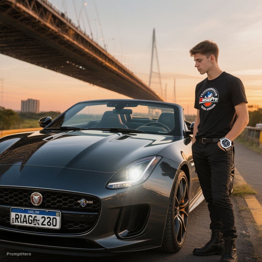 AI generated: General outline of a latest model 2026 jaguar ftype convertible in Brasilia/ Brazil,   with glowing ...