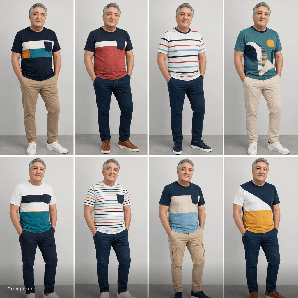 AI generated: Quiero múltiples opciones con playeras multicolores, con diferentes figuras, a rayas, diseños, combi...