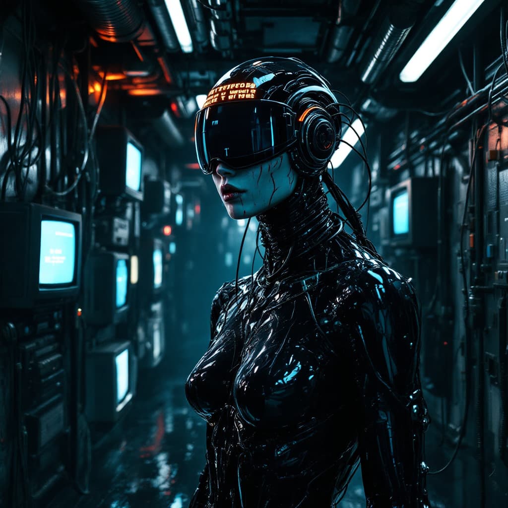 AI generated: A futuristic cyberpunk humanoid with a sleek black latex bodysuit, wearing a high-tech visor display...
