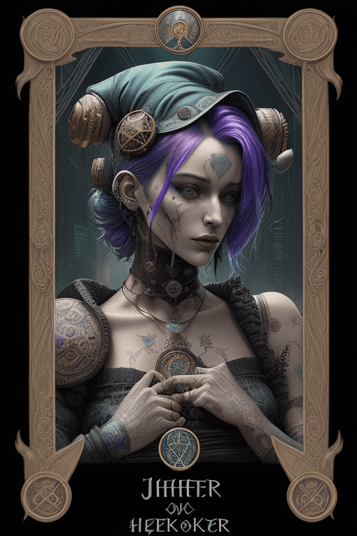 AI generated: tarot card with intricate detailed frame around the outside |portrait of cyberpunk head with jester ...