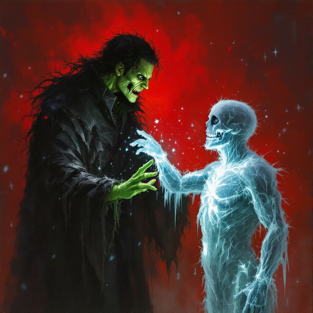 AI generated: a necromancian casting a green finger to touch a frozen man