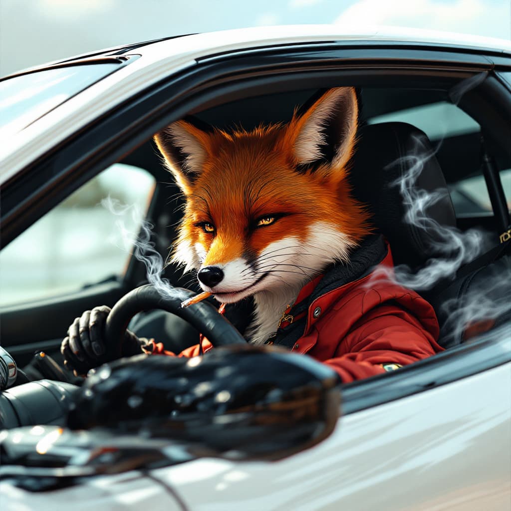 AI generated: a fox female driving a sport car , somking the smoking cigarettes anime style.