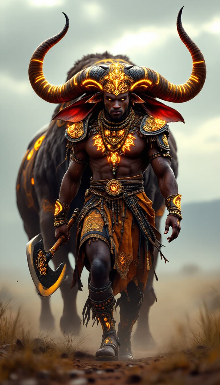 AI generated: An ultra-realistic, wide angle, front facing, full-body portrait of a skilled African Beastmaster, d...