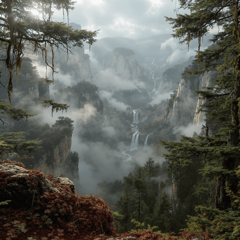 AI generated: "A vast panoramic forest view seen from a high moss-covered branch overlooking a valley filled with ...